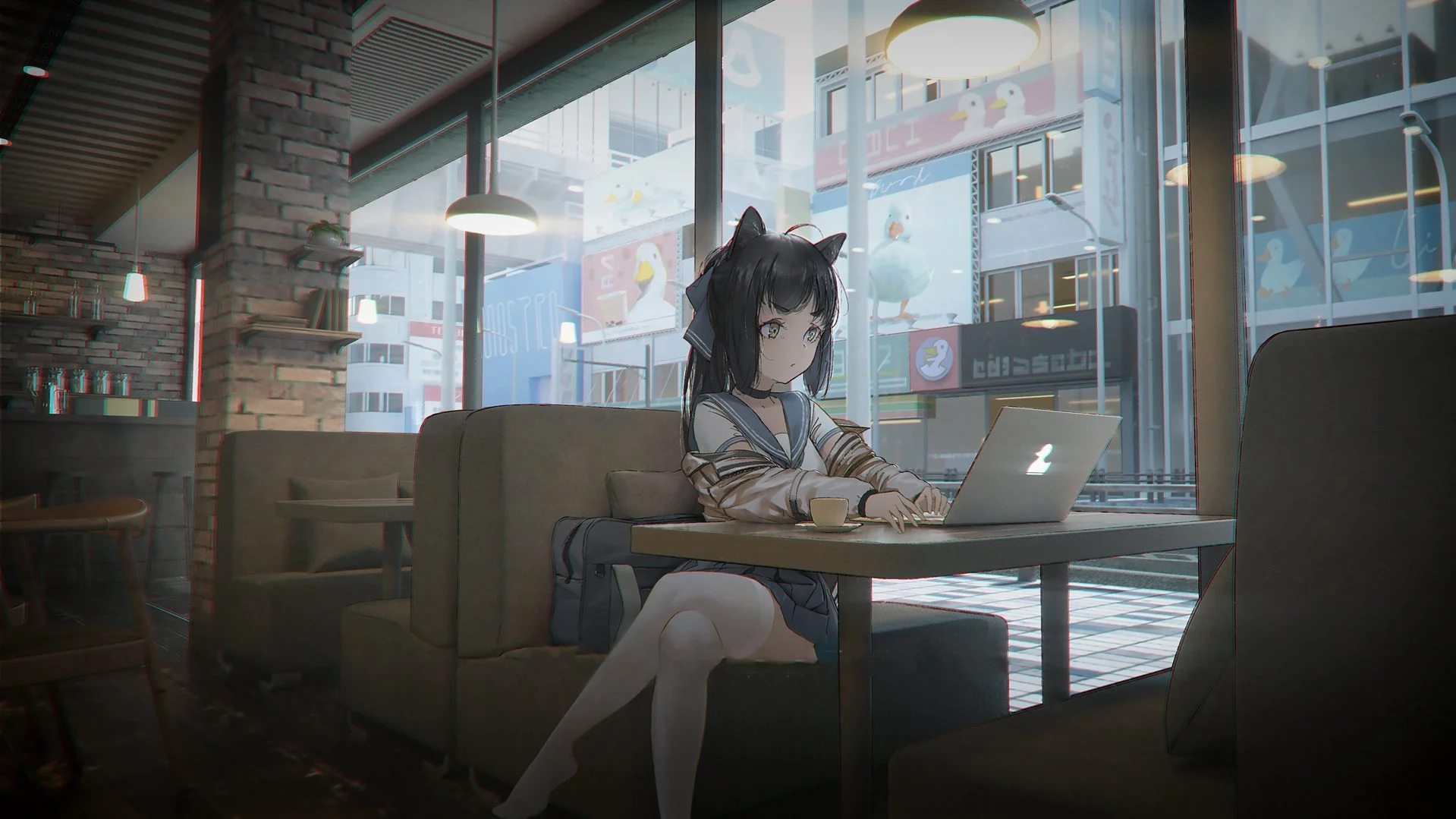 窗边咖啡馆里，动漫少女静静地看着电脑
